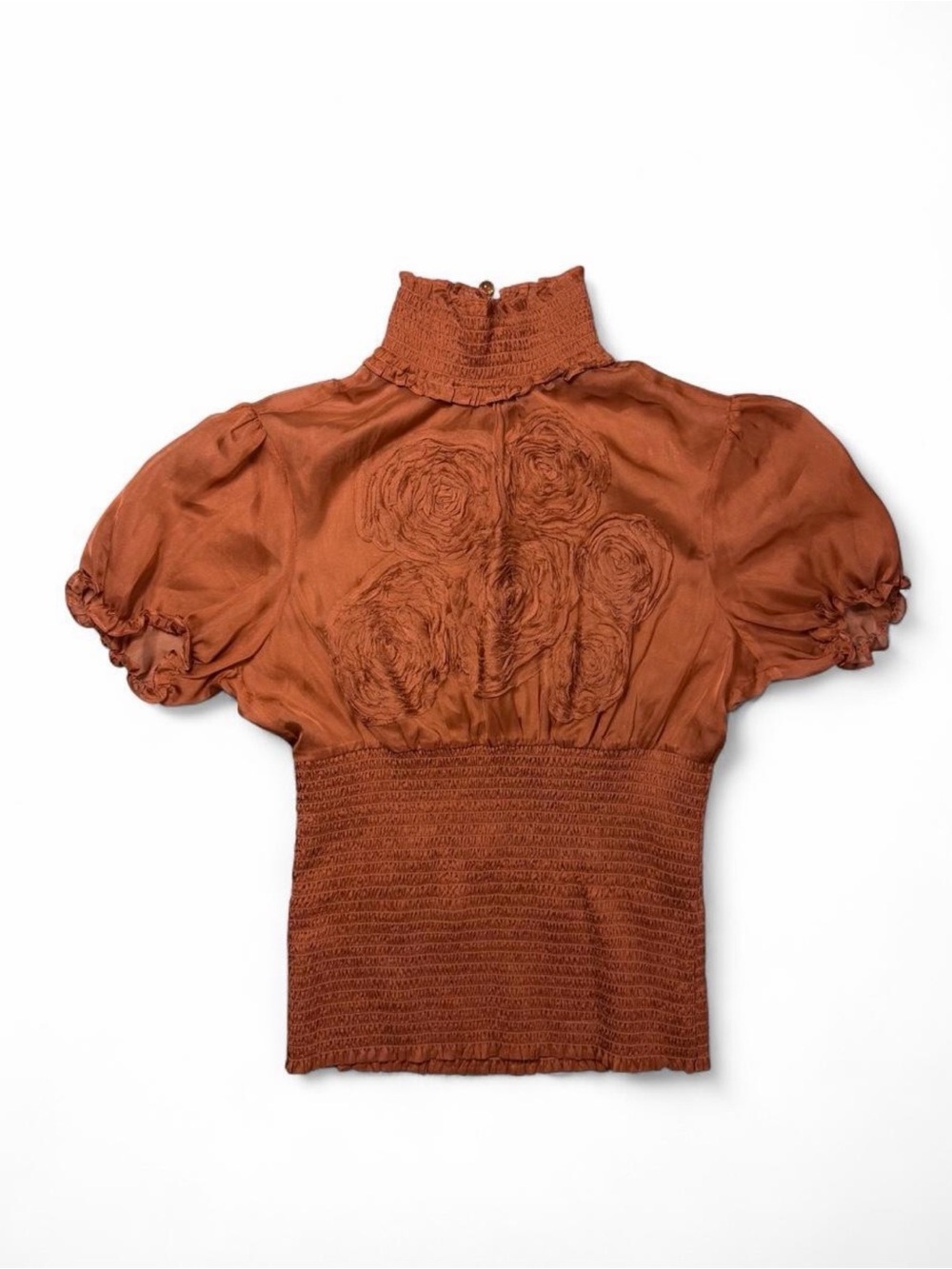 Bebe Rosette Smocked 100% Silk Top Y2K Rare Brown Large Floral Boho
